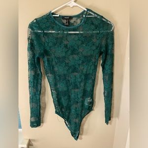 Dark green sheer floral Forever 21 body suit size small worn once